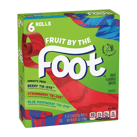 Fruit by the Foot Berry Tie Dye, Strawberry Tie Dye, Blue Raspberry Tie Dye Variety pack, front of pack